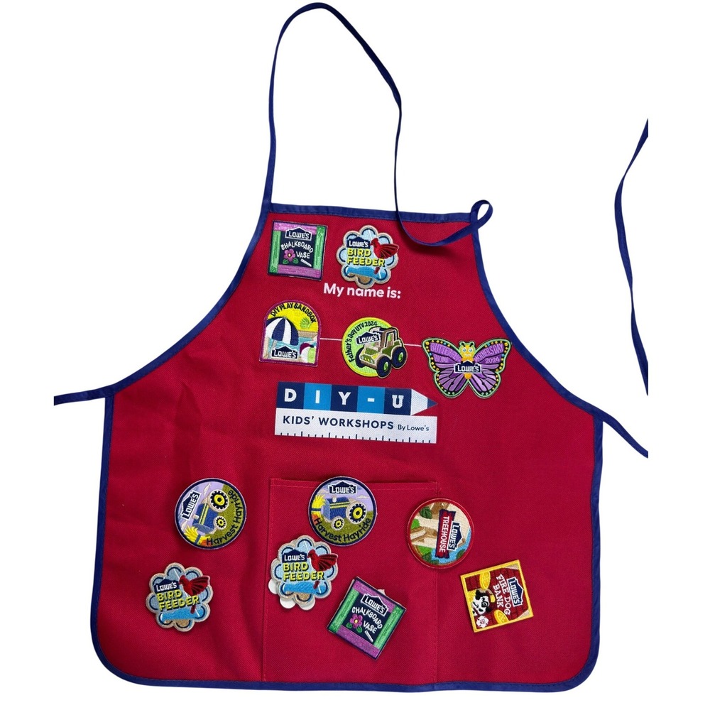 Lowes DIY-U Kids Workshop Apron with 12 Embroidered Patches Red Blue Trim